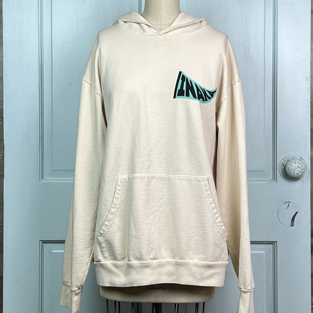 Cream Black Teal Graphic Inaka Power Performance Club Hoodie Sweatshirt Sz Large